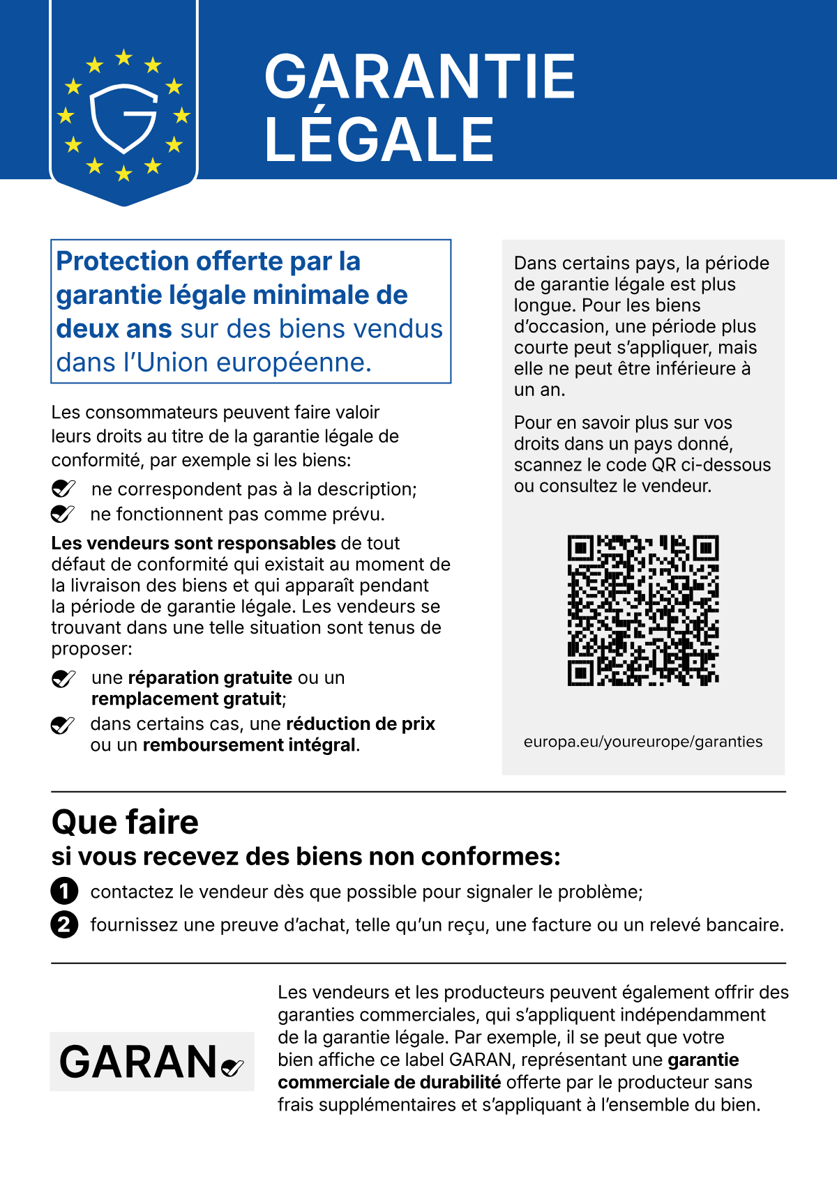 Avis harmonisé de l’UE sur la garantie légale de conformité : protection offerte par la garantie légale minimale de deux ans sur les biens vendus dans l’Union européenne.